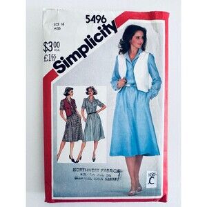 Vtg 80s Simplicity Sewing Pattern 5496 Pullover Shirt Dress Vest Sz 16 CUT